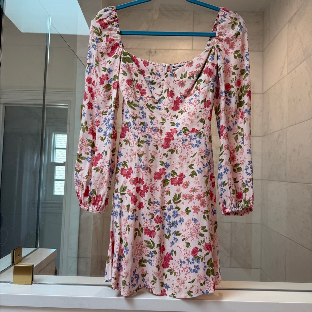 Reformation Pink Floral Long Sleeve Mini Dress